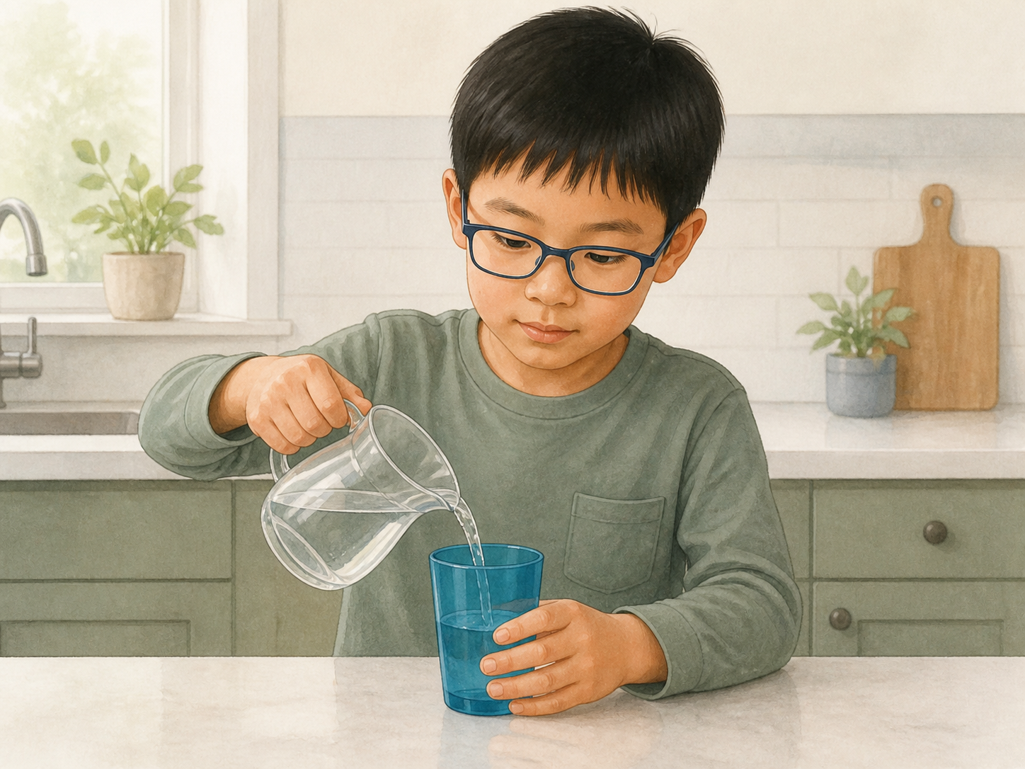Generated teaching visual showing a child pouring water into a blue cup